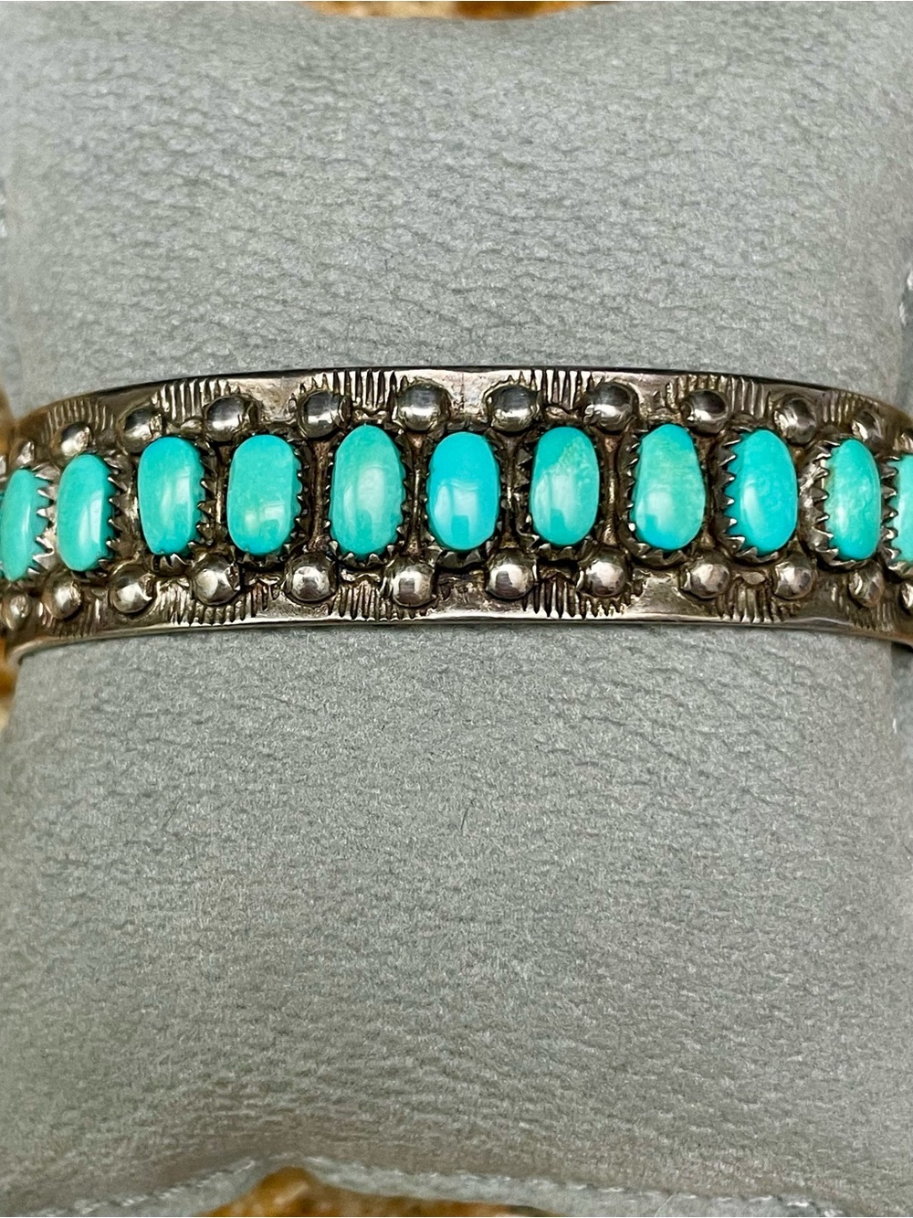 Vintage Zuni Turquoise and Silver Row Cuff Bracelet, Hallmark P. Ukestine